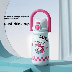 Large Capacity Ceramic Water Bottle Straw Cup for School Childrens Insulated Mug Female Students Can Carry Cartoon Style