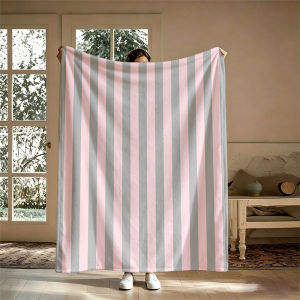 Pink Grey Vertical Stripes Flannel Blanket Perfect for Sofa Office Bed Travel Sleep Read Relax Camping Four Season Use