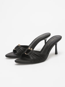 Summer Womens Stylish Elegant Satin Ruched Metal Round Buckle Open Toe Stiletto Heel Mule Sandals - Perfect for Pairing with Dr