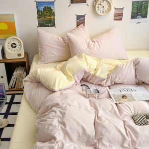 Washed Cotton Bedding Set Soft Pure Color Girls Pink Double Partition Three Piece Sheet Cover Duvet Cover Four Piece Bedding Set