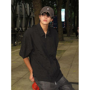 Black Pleated Short-Sleeved Shirt Mens Summer Zipper Deconstruction Design Sun Protection Jacket High-Grade Ruan Handsome Shirt