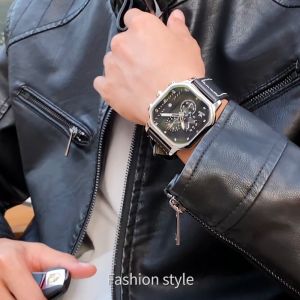 OLEVS resmi autentik jam tangan pria otomatis dewasa 2024 multifungsi bercahaya persegi dial bisnis mode jam tangan Kulit tahan air