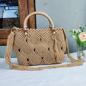 Tas rajut bahan tali kur motif daun panjang pegangan mutiara tali selempang tutup resleting warna bervariasi