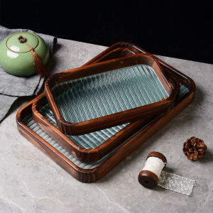 Walnut Color Rectangular Glass Tray Multiple Use