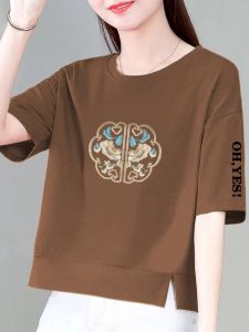 2024 National Style Pure Cotton Half-Length Sleeves Womens Loose Summer New Arrival Thin Floral-Print T-Shirt Tops New Chinese Style T-shirt