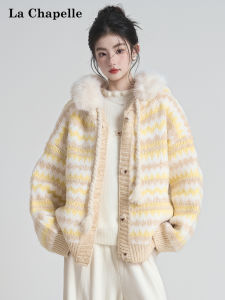 La Chapelle | Striped Hooded Warm Knit Cardigan with Faux Fur Collar