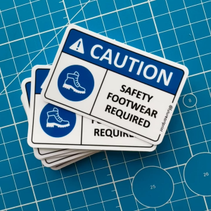 Caution. Safety Footwear Required. Boot Shoes Protective Footwear. Premium Sticker Sign Warning Danger Signage Label.