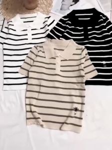 Áo len ngắn tay cổ bẻ họa tiết kẻ ngang thêu ong trẻ trung lịch sự dành cho bạn NỮ