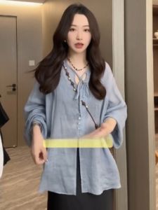 Áo sơ mi nữ BINKAFENNY dài tay dáng rộng màu xanh phong cách Hàn Quốc - mùa hè