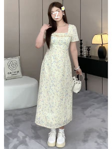 plus Size Floral Print Hollow out Square Neck Summer Dress Womens French Tea Break Mint Green A-Line Skirt Slimming Effect