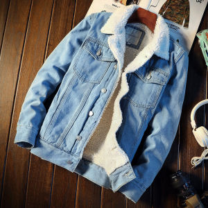 Winter Thickened Fleece Lined Light Denim Jacket Mens Korean Style Trendy Lamb Velvet Jacket Retro Japanese Style Top