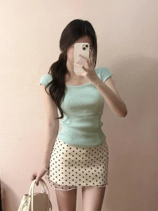 Slim Fit Short Sleeve Knitted Top Womens Summer Gentle Pure Desire Mint Green T-Shirt Korean Style Commute Style Fashion