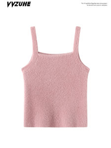 Sweet Pink Knitted Fluffy Short Sleeveless Vest Womens Autumn Base Layer Small Size Fashionable Commute Style Slim Fit Top