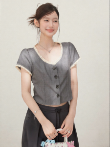 THROUS | Áo Thun Dễ Thương Ôm Sơ Mi Tay Ngắn Nút Đơn Viền Ren Màu Block Crop