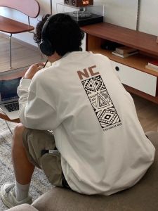 Áo Thun Dài Tay Cotton Mỹ Dành Cho Nam Mùa Thu 2025 Phong Cách Mới Rộng Rãi Màu Trắng Thường Ngày Thường Ngày