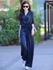 Womens Linen Cotton Shirt High Waist Wide Leg Pants Two Piece Set Summer Casual High End Feeling V Neck Sleeve Length