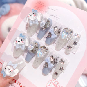 【With Glue】Ready Stock Female Mid-length Fake Nail Cinnamoroll and Bowknot Decor Artificial Nail for Women and Girl Party Activity