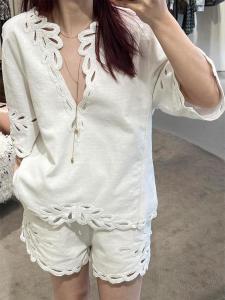 White V-Neck Hollow out Button down Womens Shirt And Shorts Set Early Autumn Korean Style Ambiance Casual Fashion Twopieces