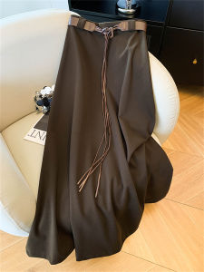 Retro High Waist Slimming Half Skirt with Belt Autumn Elegant Drapey A-Line Long Skirt Womens Fashion Gentle Style Non-Stretch