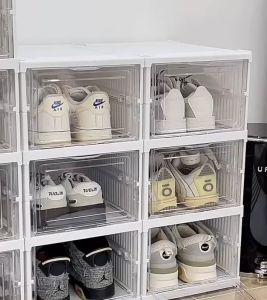 CozE PP Material Clear Plastic Stackable Containers Space Saving Shoe Box Shoe Storage Box Organizer