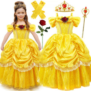 Girls Belle Cosplay Princess Dress Children Birthday Festival Party Lace Yellow Ball Gown Kids Carnival Halloween Slip Frocks