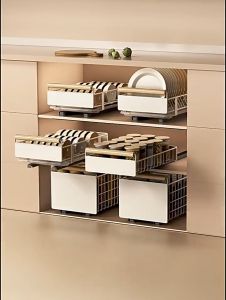 LUCK Dishracks Storage Plate Dish Rack Pull out Cabinet Organizer Kitchen Rack Dish Racks Fixed with Adhesive Nano Film Heavy Duty Slide out Pantry Shelves Drawer Bowl and Plate Storage Sliding Mesh Cabinet Basket with Handle for Kitchen Home