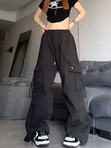 GDTIMA Baggy Pants Wanita Elastic Highwaist Celana Cargo Panjang Celana Oversize