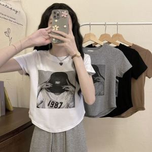 Design White Short Sleeve Slim Fit T-Shirt Women Summer Beautiful Print Short Style Top Korean round Neck Cotton Casual Shirt