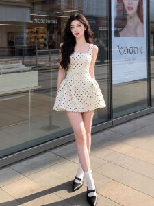 CHANGTONG | Đầm Quai Spaghetti Họa Tiết Chấm Bi Khung Nhỏ Thời Trang Mùa Hè