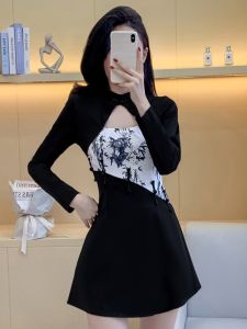 New Chinese Style Long Sleeve Flag Dress Set with Slits And Button Design Short Pants Two Piece Set for Small Size Women