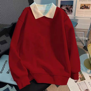 เสื้อสเวตเตอร์คอโปโลสีแดงหนาสำหรับผู้หญิงไซส์ใหญ่ ฤดูใบไม้ร่วง/ฤดูหนาว เสื้อคลุมกันหนาวแบบสวมหัวแขนยาวสไตล์เกาหลี ปกติ