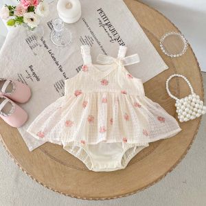 Korean-style summer baby girl sweet and cute floral chiffon sling dress baby girl Korean-style sling bow dress very suitable f