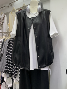 Short Sleeveless PU Leather Cardigan for Plump Women Autumn Wear Korean Style Top Coat round Neck Single Button Fastening
