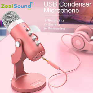 ZealSound USB Microphone Condenser Computer Mic Gamer Recording Microphones for PC PS4 PS5 with Headphone Output 360 Rotating K66Pink