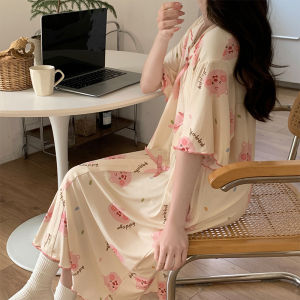 K-style Modal Nightdress Womens Summer Ice Silk Short Sleeve Cute Mid-Length Pajamas Dress Summer Home Wear