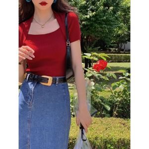 Vintage Red Square Neck Ice Silk Knit T-Shirt