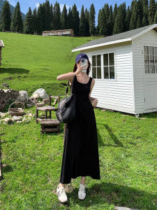 Elegant Black Vest Dress Women Summer Sleeveless Strap A-Line Skirt Slim Fit Long Dress Korean Style Pure Color Cotton Fabric