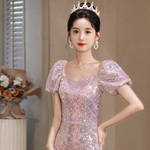 Elegant French Style Fish Tail Evening Dress Womens Gown Glittering Short Sleeve Long Dress for Banquet Party Performance