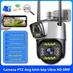 Camera IP Không Dây 4G Hai Ống Kính 8MP 4K Ngoài Trời Tầm Nhìn Ban Đêm Màu Sắc PTZ An Ninh Thông Minh Giám Sát Nhà Cửa CCTV V380 WiFi