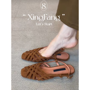 Cowhide Version ~ Woven Closed Toe Roman Sandals Womens Retro Style Summer Outwear Genuine Leather Flats Sandals Pitcher Plant Shoes