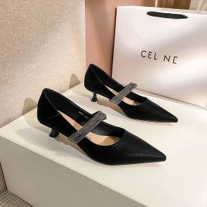 Elegant Diamond Embellished Pointed Toe Womens Fashion Shoes Low Heel Slip-On Mary Jane Style Leather Shoes Comfortable Rubber Sole
