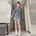 Blue Shirt And Dress Set Korean Style Early Spring Atmosphere Clothing Women's Fashion Checkered Print Long Sleeve Short Dress. 