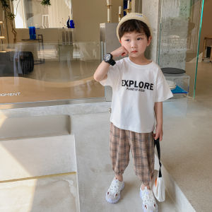 Boys Summer Outfit Set 2025 New Style Trendy Summer Short Sleeve Lantern Pants Two Piece Set Cotton Casual Wear for Kids