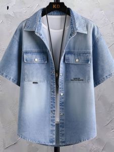 Retro Thin Short Sleeve Denim Shirt Casual Loose Fit Youth Fashion Cotton Polyester Blend Wear Resistant Summer Shirt