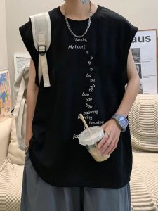 เสื้อยืดแขนกุดผ้าฝ้ายแท้ ทรงหลวม สไตล์อเมริกัน สำหรับผู้ชาย เสื้อกั๊กผ้าฝ้ายลายการ์ตูนฤดูร้อน แฟชั่นลำลอง