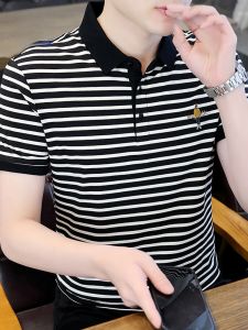 ROMON | Mens Striped Short Sleeve Polo Shirt Summer Lightweight Business Casual Cotton Turn-down Collar