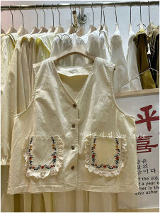 V-neck Single Breasted Pocket Embroider Flower Artistic Janpanese Vest Vest Sleeveless Waistcoat Womens Small 2023