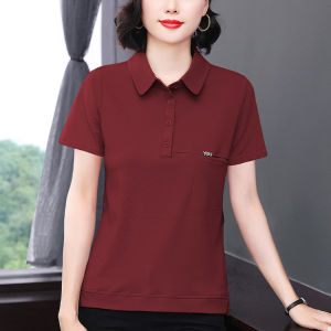 Summer 2025 New Style Casual Loose Polo Neck Mommy Clothes Short Sleeve Chiffon T-Shirt Pure Color Fashionable Belly Covering Top