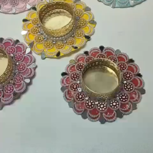 Kundan and Pearl Tealight Candle Holder 3 Inch | MDF Beaded Candle Stand with Metal Cup | Assorted Colour Festive Decor for Deepavali Pooja Weddings & Home Decoration | 1 Pc
