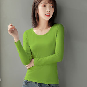 Spring Pure Cotton round Neck Fleece Lined Thin Long Sleeve T-Shirt Womens Fashionable Slim Fit Base Layer Shirt for Autumn Winter